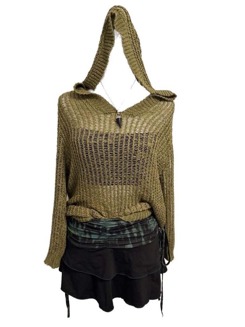 August Silk Open Knit Hooded Green Cardigan Sweater Fairycore Goblincore Small